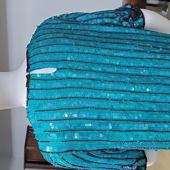 Vintage 80s Art Deco Glam Silk Beaded Floral Evening Blouse Top Blue Siz… - Picture 6 of 15